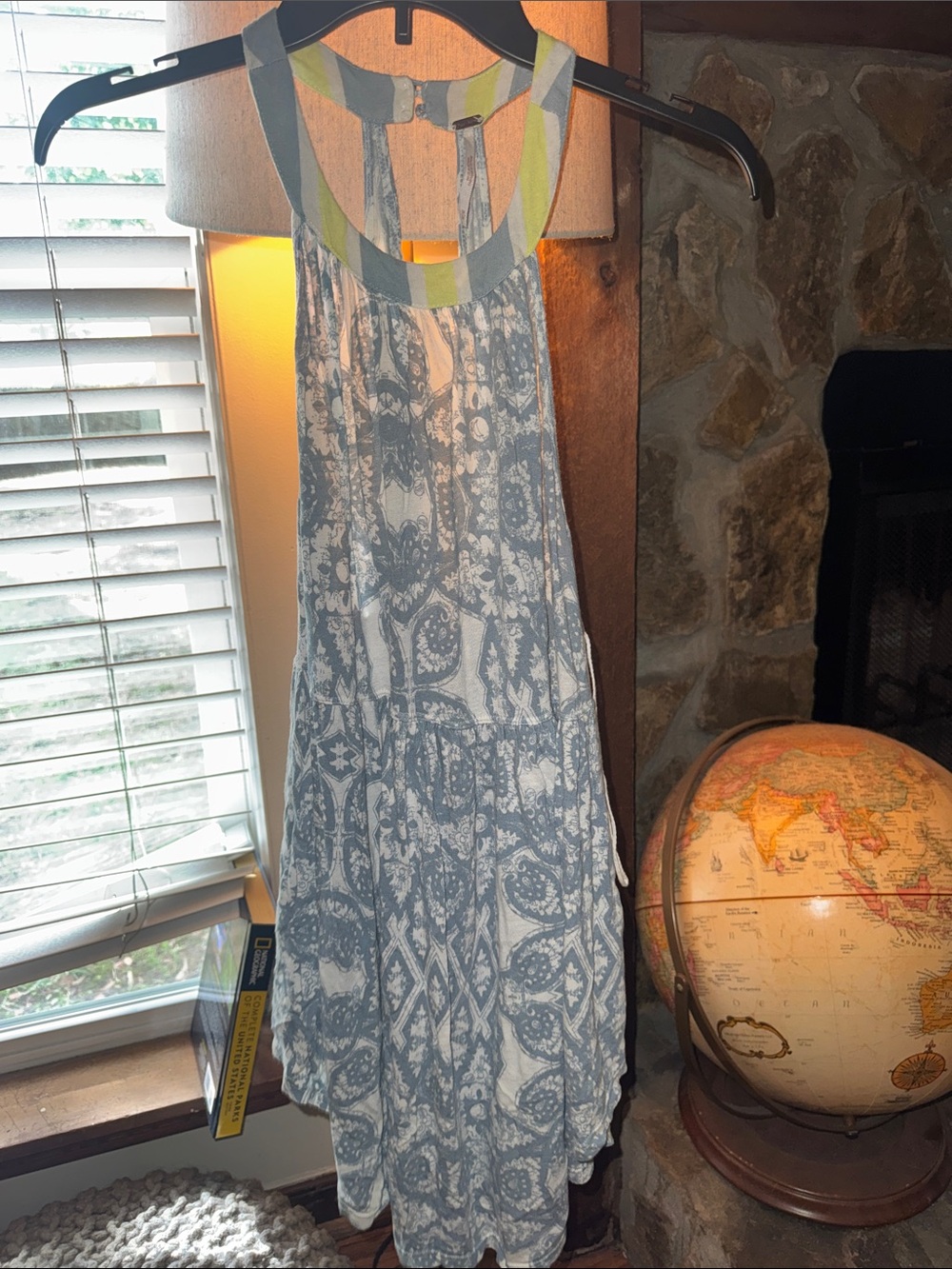 Sleeveless Blue & White Printed Halter LongTop with Colorblock Trim